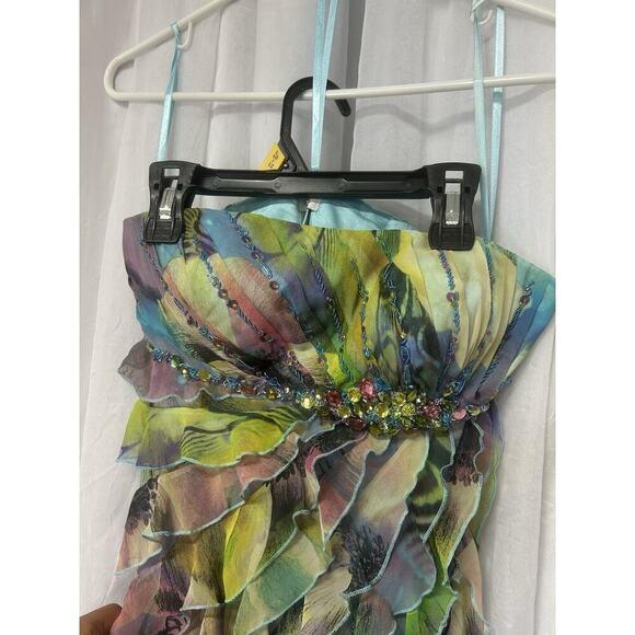 VTG Y2K 90s Fairycore cache Floral Asymmetrical Dress Beaded Strapless Sz 2 - Picture 6 of 14